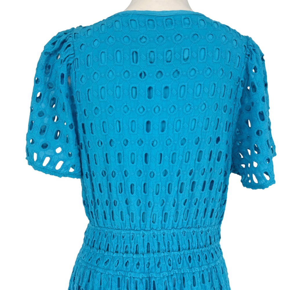 Anthropologie Somerset Long Maxi Dress Size L Blue Eyelet Smocked Tiered V Neck - Picture 4 of 10